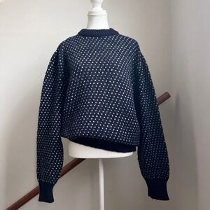 Vintage Navy Birds Eye Knit Wool Chunky Crewneck Fisherman Sweater Pullover